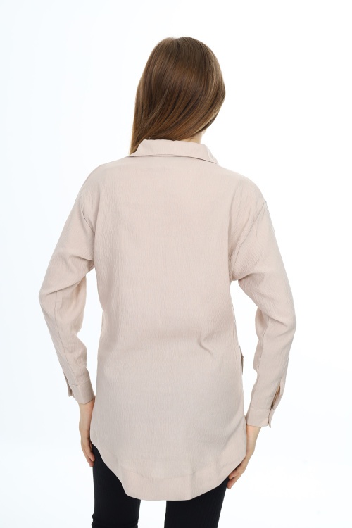 Krem Ayıcık Baskılı Yırtmaçlı Kız Çocuk Düğmeli Gömlek 18420