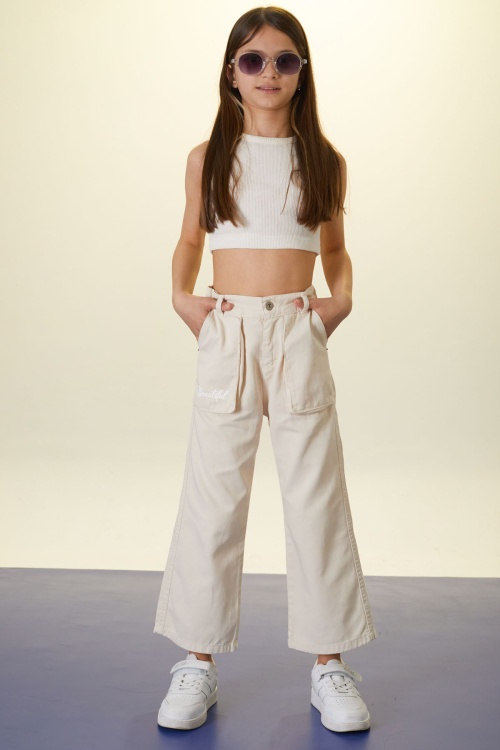 Krem Beautiful Yazılı Geniş Paça Kız Çocuk Keten Pantolon 18446