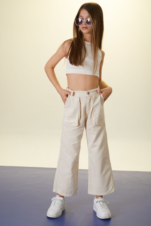 Krem Beautiful Yazılı Geniş Paça Kız Çocuk Keten Pantolon 18446