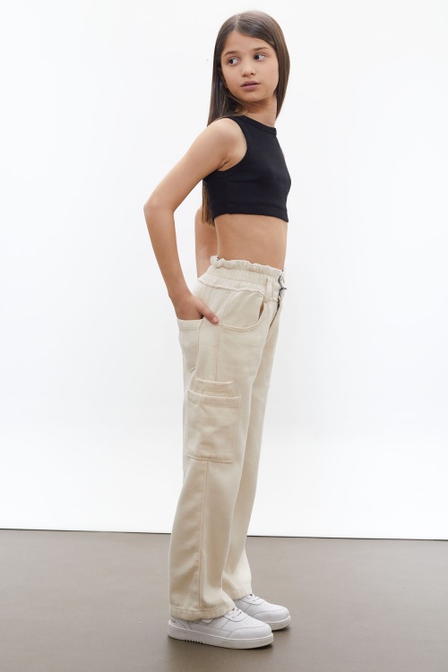 Krem Beli Lastikli Geniş Paça Kız Jean Pantolon 18333