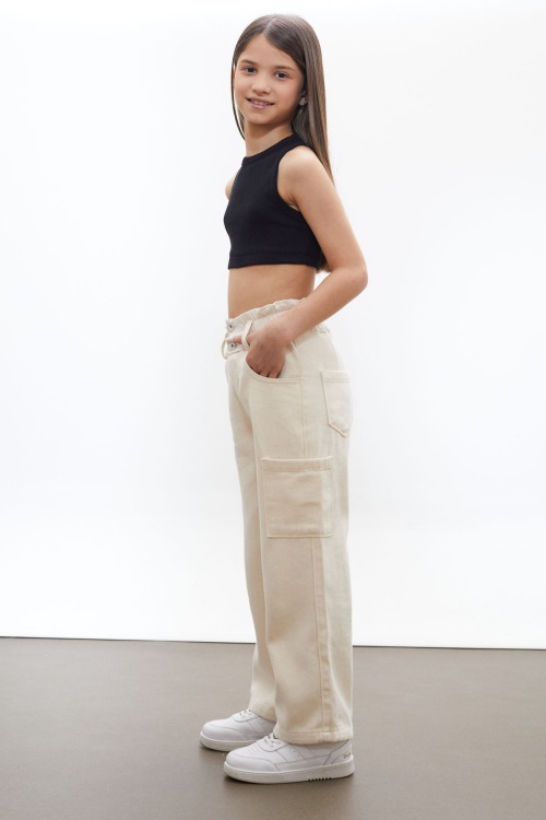 Krem Beli Lastikli Geniş Paça Kız Jean Pantolon 18333