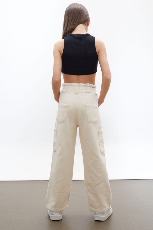 Krem Beli Lastikli Geniş Paça Kız Jean Pantolon 18333