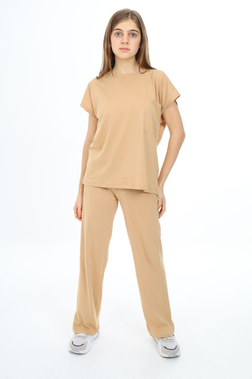 Krem Cep Detaylı Kız Çocuk Takım 18698