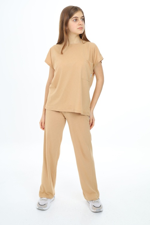 Krem Cep Detaylı Kız Çocuk Takım 18698