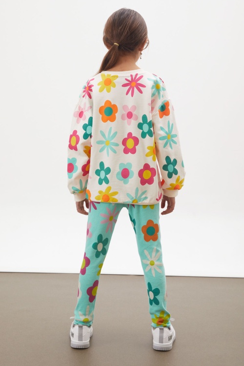 Krem Çiçek Baskılı Fitilli Taytlı Kız Çocuk Takım 18169