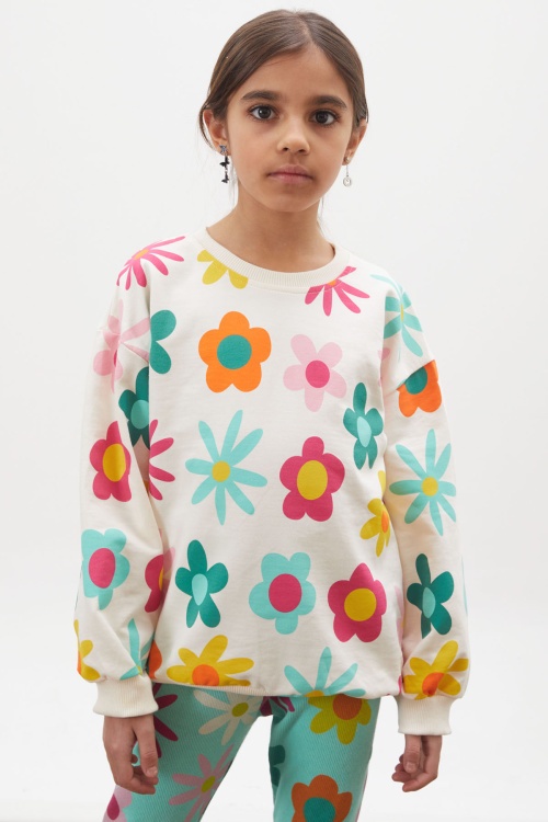 Krem Çiçek Baskılı Fitilli Taytlı Kız Çocuk Takım 18169