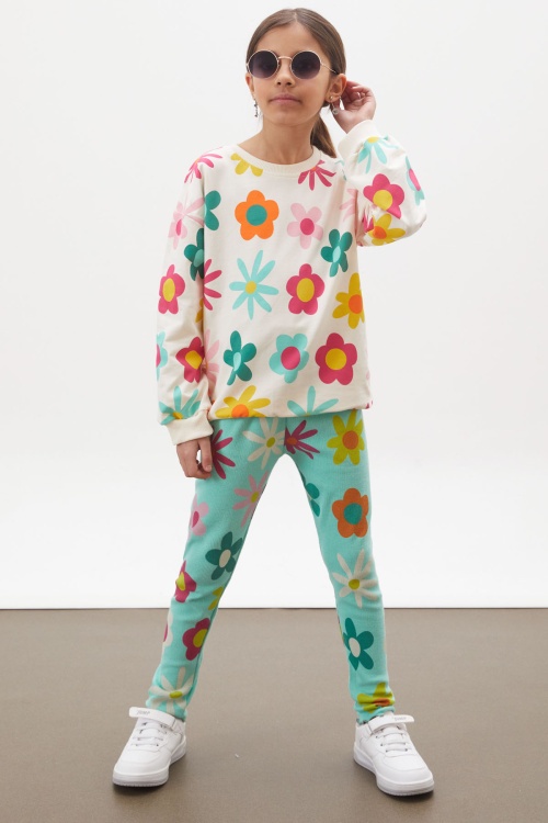 Krem Çiçek Baskılı Fitilli Taytlı Kız Çocuk Takım 18169