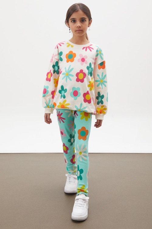 Krem Çiçek Baskılı Fitilli Taytlı Kız Çocuk Takım 18169