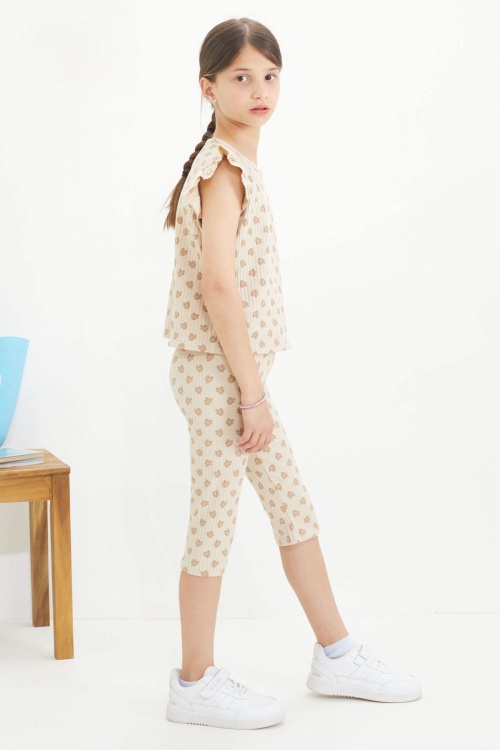 Krem Çiçek Desenli Sıfır Kol Badili Şort Taytlı Kız Çocuk Takım 18649