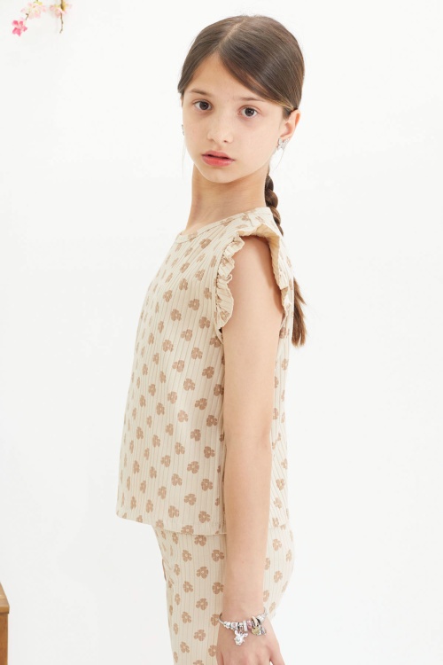 Krem Çiçek Desenli Sıfır Kol Badili Şort Taytlı Kız Çocuk Takım 18649