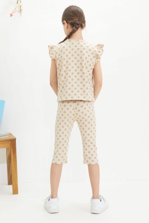 Krem Çiçek Desenli Sıfır Kol Badili Şort Taytlı Kız Çocuk Takım 18649