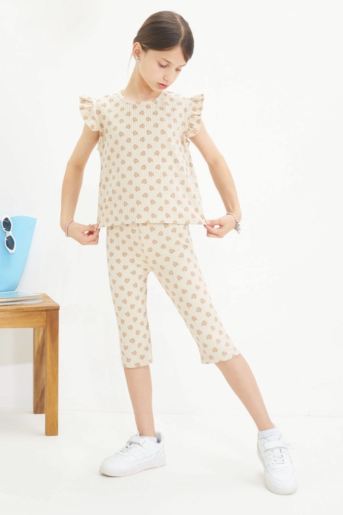 Krem Çiçek Desenli Sıfır Kol Badili Şort Taytlı Kız Çocuk Takım 18649