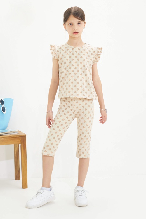 Krem Çiçek Desenli Sıfır Kol Badili Şort Taytlı Kız Çocuk Takım 18649