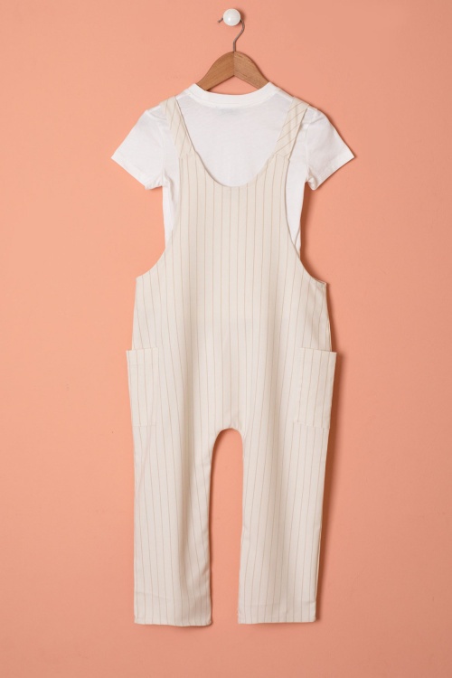Krem Çizgili Beyaz Tişörtlü Çocuk Salopet Tulum Takımı 18402