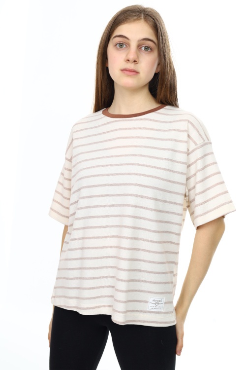 Krem Çizgili Bisiklet Yaka Kız Çocuk Kısa Kol T-shirt 18380