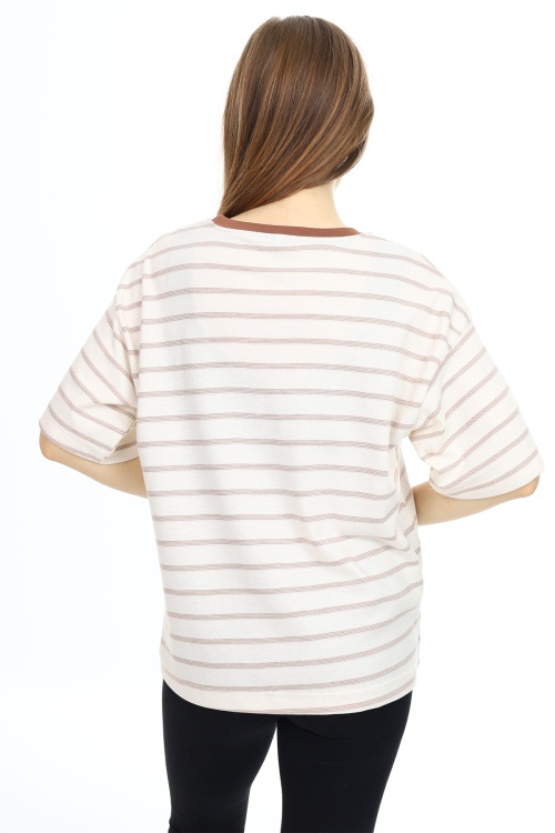 Krem Çizgili Bisiklet Yaka Kız Çocuk Kısa Kol T-shirt 18380