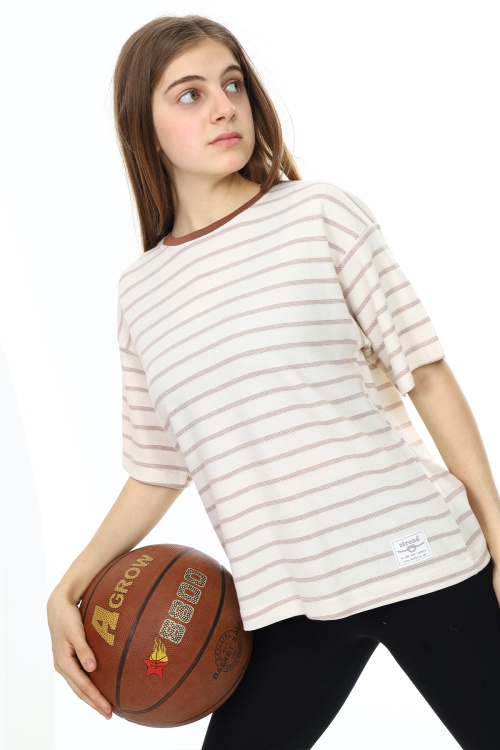 Krem Çizgili Bisiklet Yaka Kız Çocuk Kısa Kol T-shirt 18380