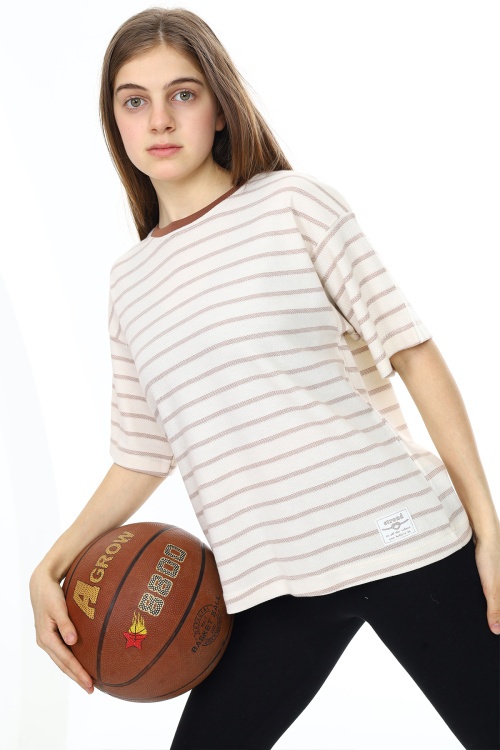 Krem Çizgili Bisiklet Yaka Kız Çocuk Kısa Kol T-shirt 18380