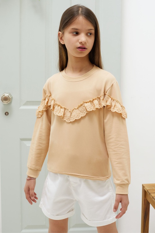 Krem Dantel Detaylı Bisiklet Yaka Kız Çocuk Sweatshirt 18543