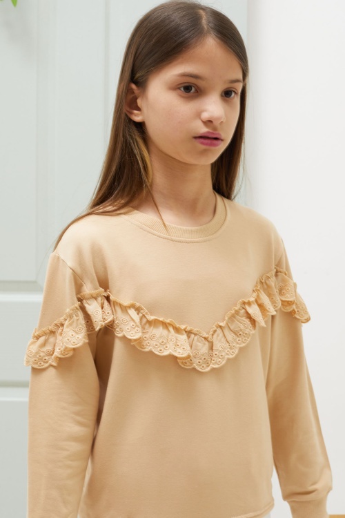 Krem Dantel Detaylı Bisiklet Yaka Kız Çocuk Sweatshirt 18543