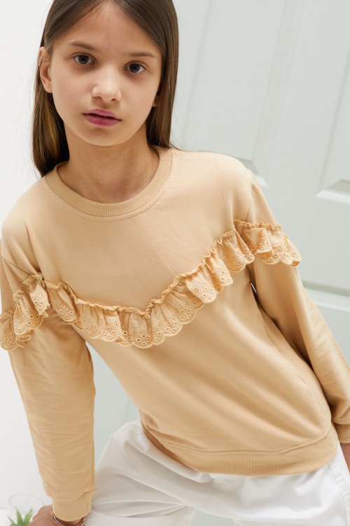 Krem Dantel Detaylı Bisiklet Yaka Kız Çocuk Sweatshirt 18543