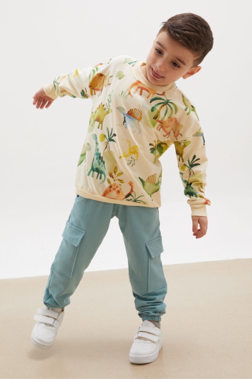Krem Dinozor Baskılı Kargo Cepli Erkek Çocuk Eşofman Takımı 17927