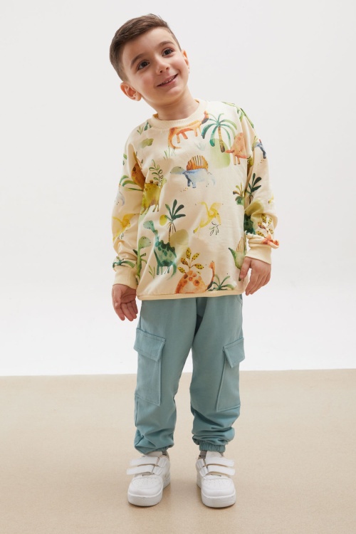 Krem Dinozor Baskılı Kargo Cepli Erkek Çocuk Eşofman Takımı 17927