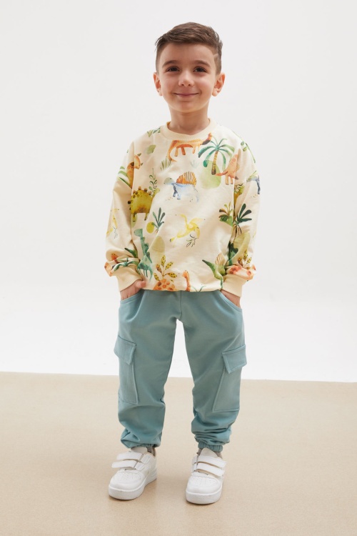 Krem Dinozor Baskılı Kargo Cepli Erkek Çocuk Eşofman Takımı 17927