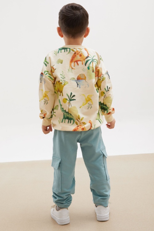 Krem Dinozor Baskılı Kargo Cepli Erkek Çocuk Eşofman Takımı 17927