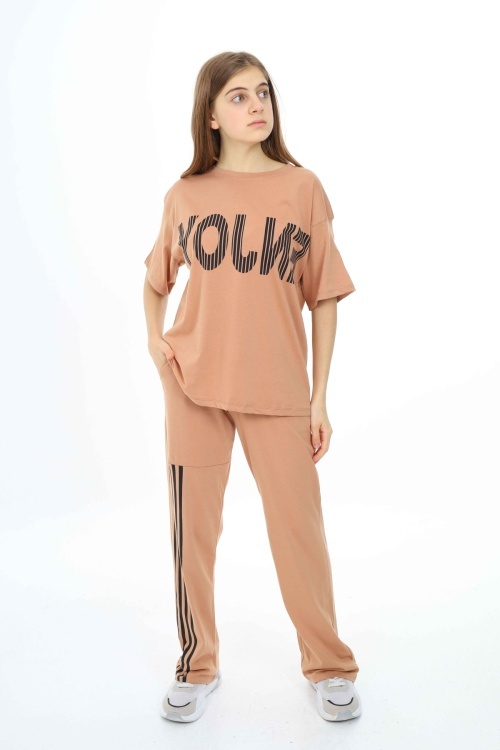 Krem Enjoy Yazılı Şeritli Kız Çocuk Takım 18704