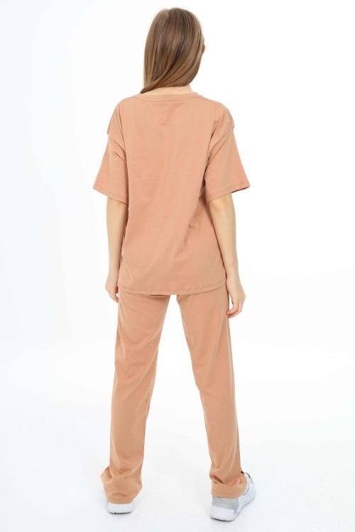 Krem Enjoy Yazılı Şeritli Kız Çocuk Takım 18704