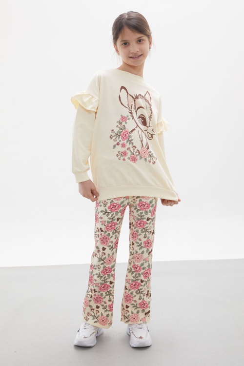 Krem Gül Desenli İspanyol Pantolonlu Kız Çocuk Takım 17926