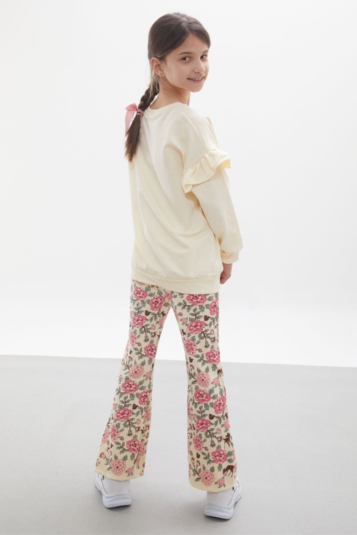 Krem Gül Desenli İspanyol Pantolonlu Kız Çocuk Takım 17926