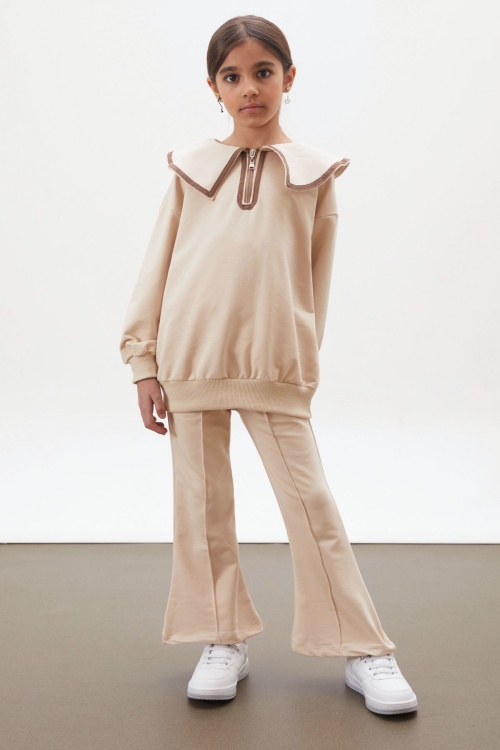 Krem İspanyol Paça Pantolonlu Fermuarlı Yaka Badili Kız Takım 17936