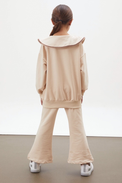 Krem İspanyol Paça Pantolonlu Fermuarlı Yaka Badili Kız Takım 17936