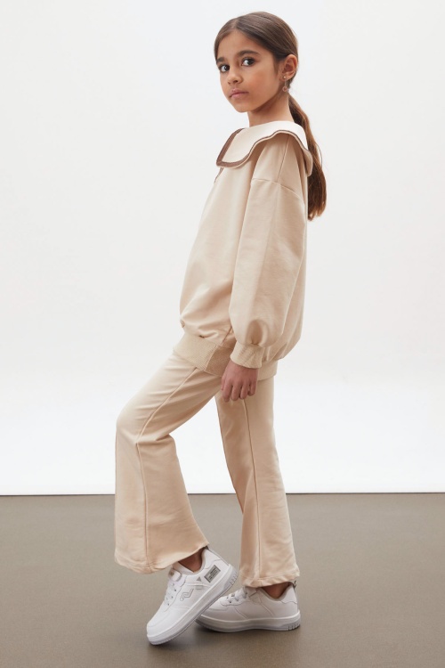 Krem İspanyol Paça Pantolonlu Fermuarlı Yaka Badili Kız Takım 17936