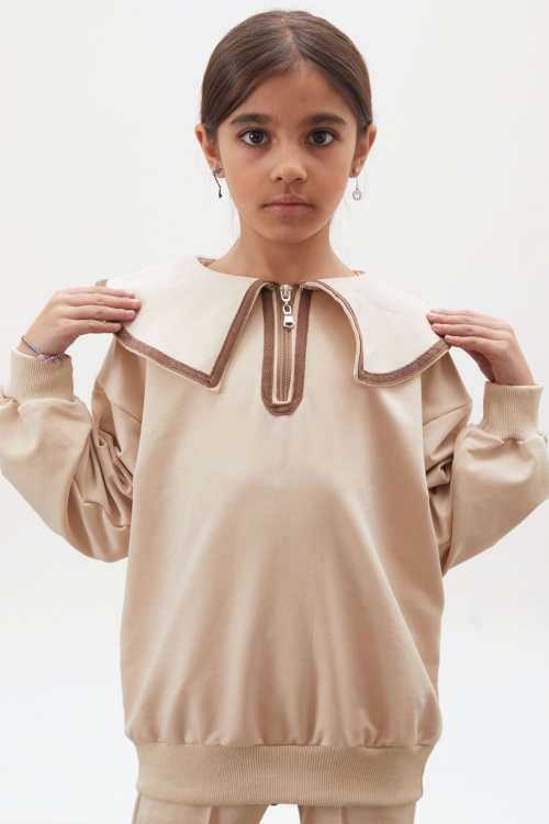 Krem İspanyol Paça Pantolonlu Fermuarlı Yaka Badili Kız Takım 17936