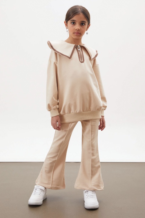 Krem İspanyol Paça Pantolonlu Fermuarlı Yaka Badili Kız Takım 17936