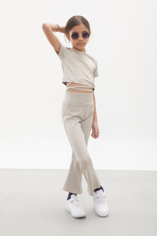 Krem İspanyol Paça Taytlı Bel Bağlamalı Croplu Kız Takım 18108