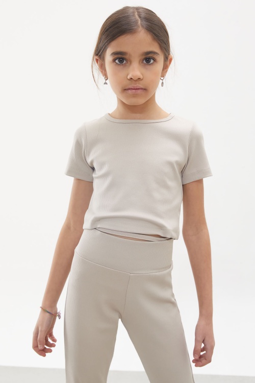 Krem İspanyol Paça Taytlı Bel Bağlamalı Croplu Kız Takım 18108