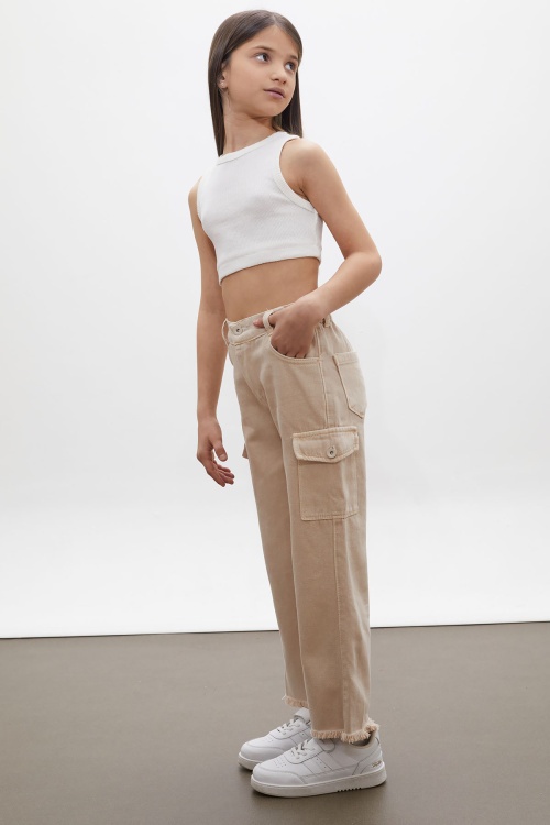 Krem Kargo Cepli Püsküllü Geniş Paça Kız Jean Pantolon 13-17 Yaş 18249
