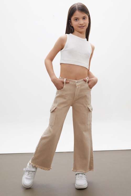Krem Kargo Cepli Püsküllü Geniş Paça Kız Jean Pantolon 13-17 Yaş 18249