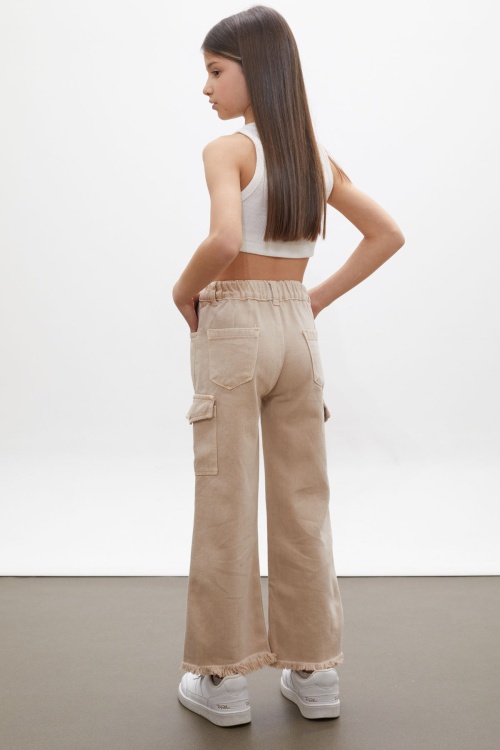 Krem Kargo Cepli Püsküllü Geniş Paça Kız Jean Pantolon 13-17 Yaş 18249