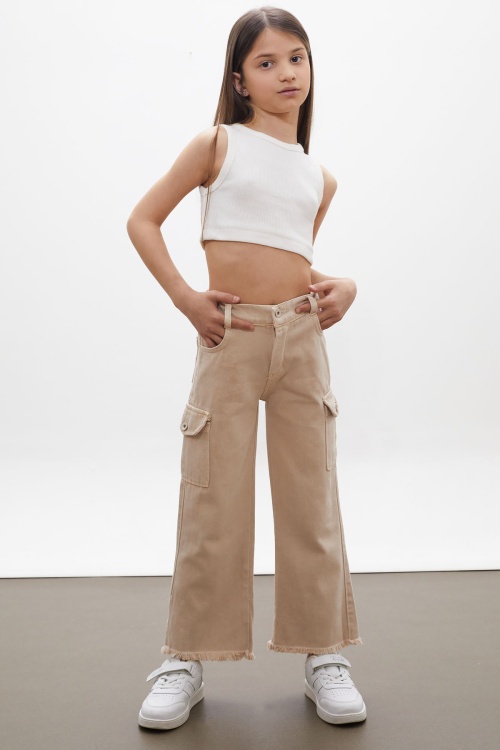Krem Kargo Cepli Püsküllü Geniş Paça Kız Jean Pantolon 13-17 Yaş 18249