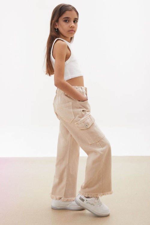 Krem Kargo Cepli Püsküllü Geniş Paça Kız Jean Pantolon 18230
