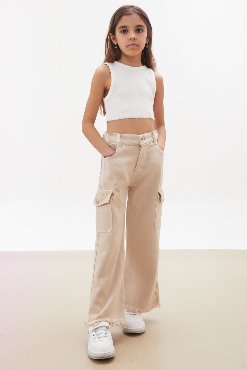 Krem Kargo Cepli Püsküllü Geniş Paça Kız Jean Pantolon 18230