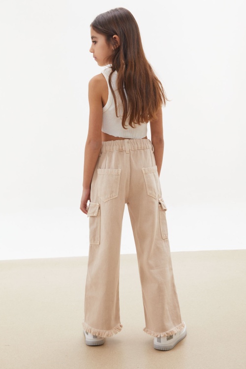 Krem Kargo Cepli Püsküllü Geniş Paça Kız Jean Pantolon 18230