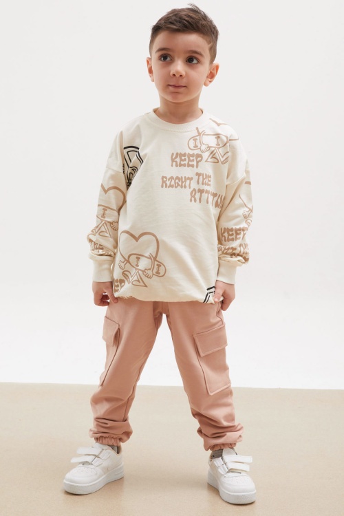 Krem Kaykay Baskılı Kargo Cepli Erkek Çocuk Eşofman Takımı 18167