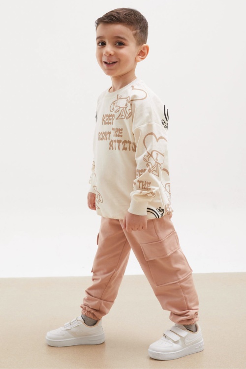 Krem Kaykay Baskılı Kargo Cepli Erkek Çocuk Eşofman Takımı 18167