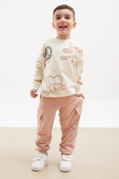 Krem Kaykay Baskılı Kargo Cepli Erkek Çocuk Eşofman Takımı 18167